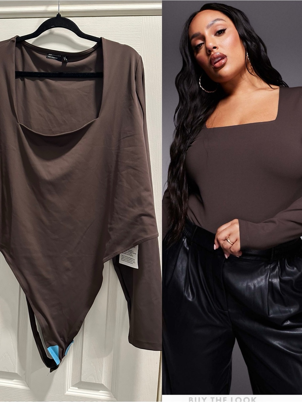 ASOS Curve Square Neck Long Sleeve Bodysuit in Chocolate Brown